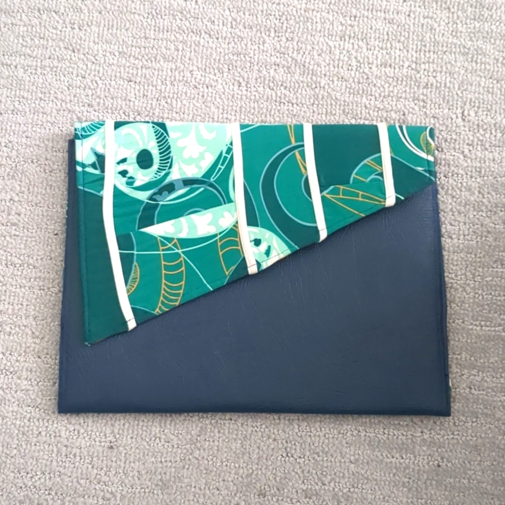 New! Blue Teal White Print Clutch - Handmade